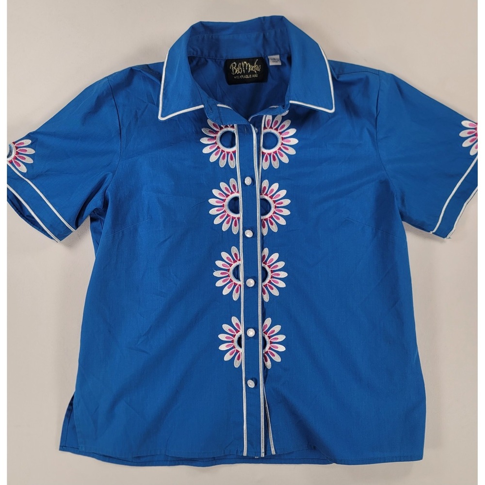 Bob Mackie Wearable Art Floral Cutout Button Front Shirt‎ Blue Small